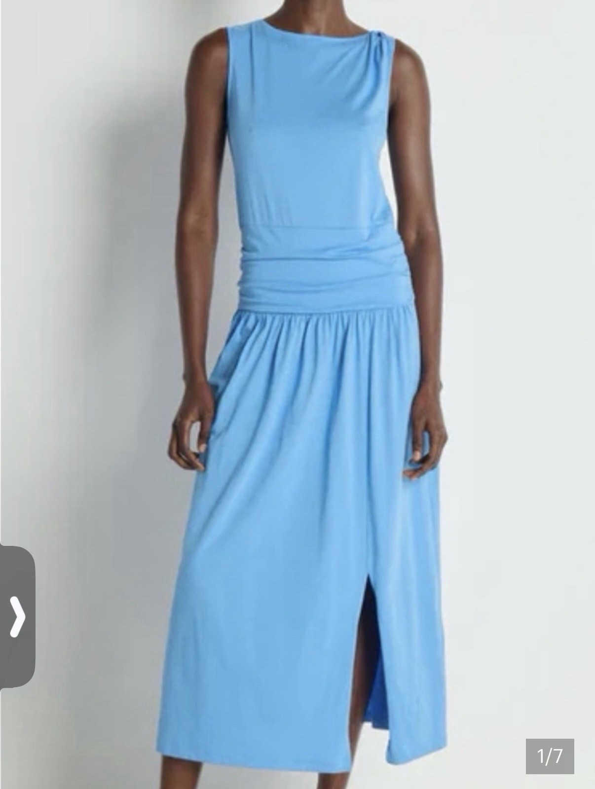 NATION Los Angeles Women’s Blue Sleeveless Midi Knit Pima Cotton Ruched Slit L