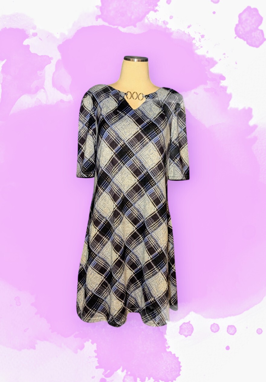 MADISON LEIGH Black Gray PERIWINKLE Plaid Sweater Dress Women’s Size MEDIUM New