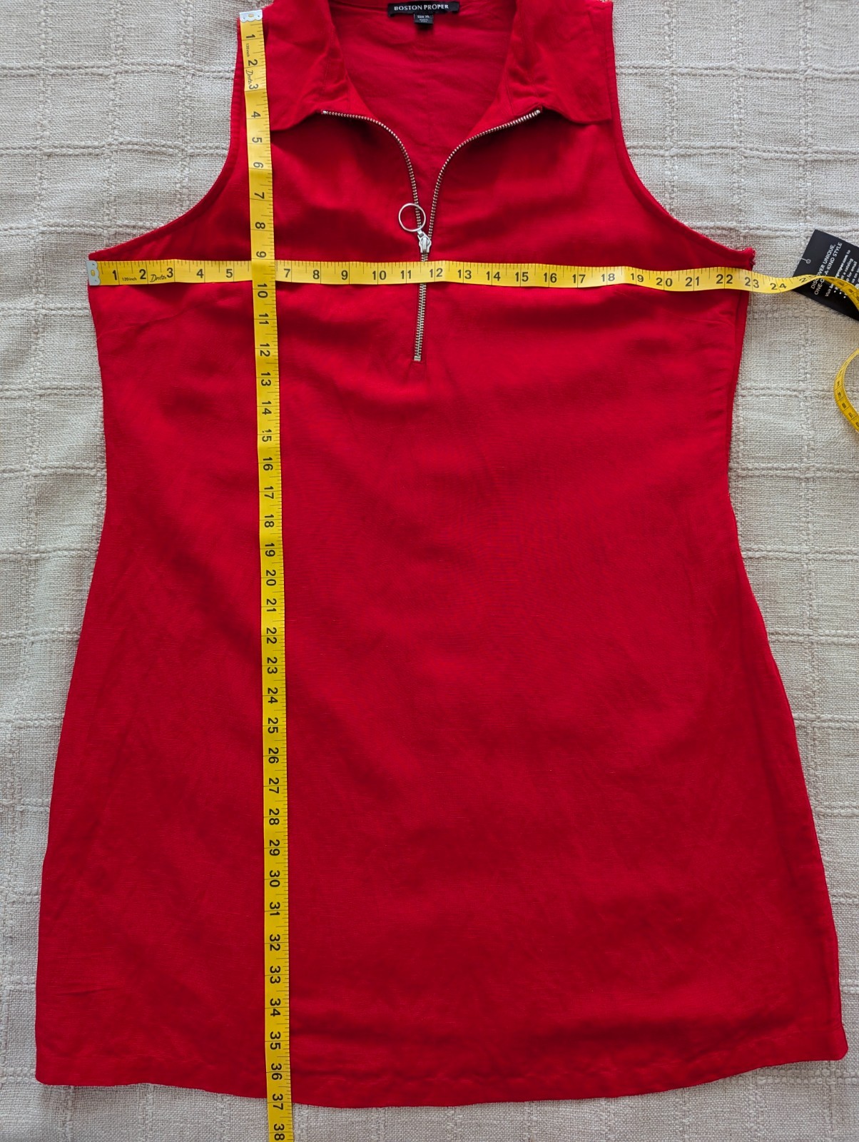 Boston Proper Red Linen Blend Shift Dress XL Sleeveless Zip Front Cotton Lined