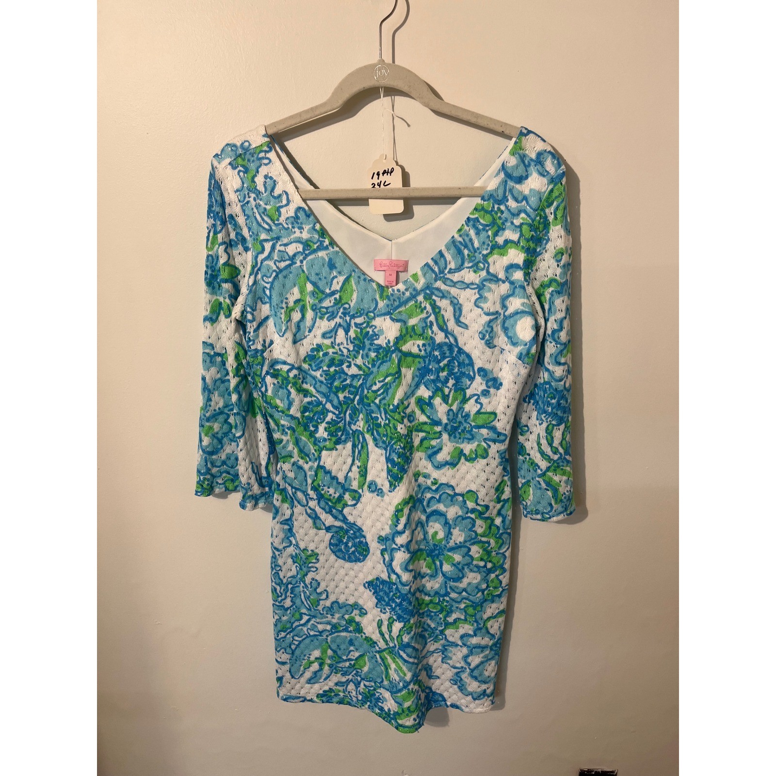 Lilly Pulitzer Blue Green Floral Lace V-Neck Shift Dress 3/4 Sleeve Womens M