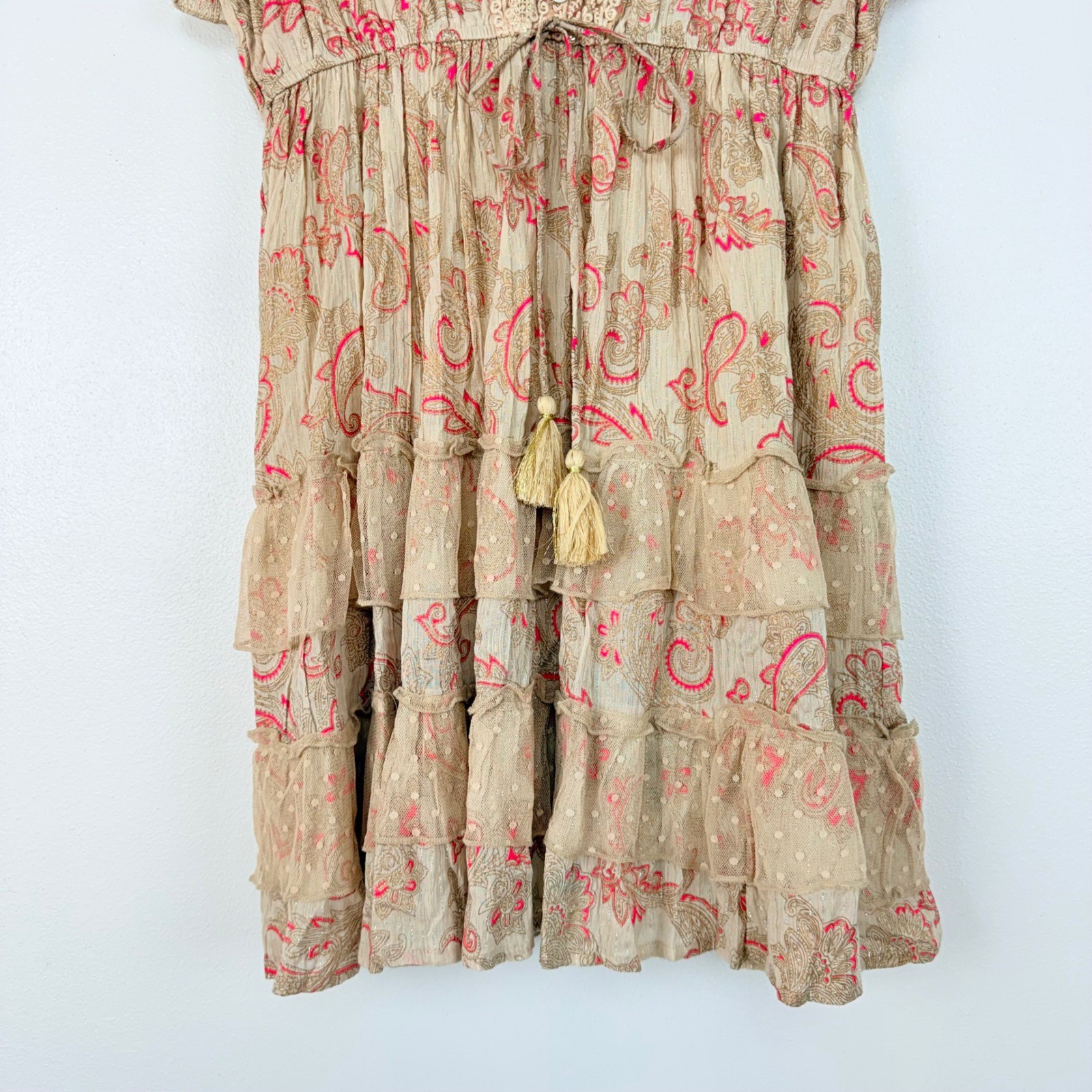 Ananta Paisley Boho Mini Dress Size L Tan Pink Crochet Lace Tiered Ruffle Tie