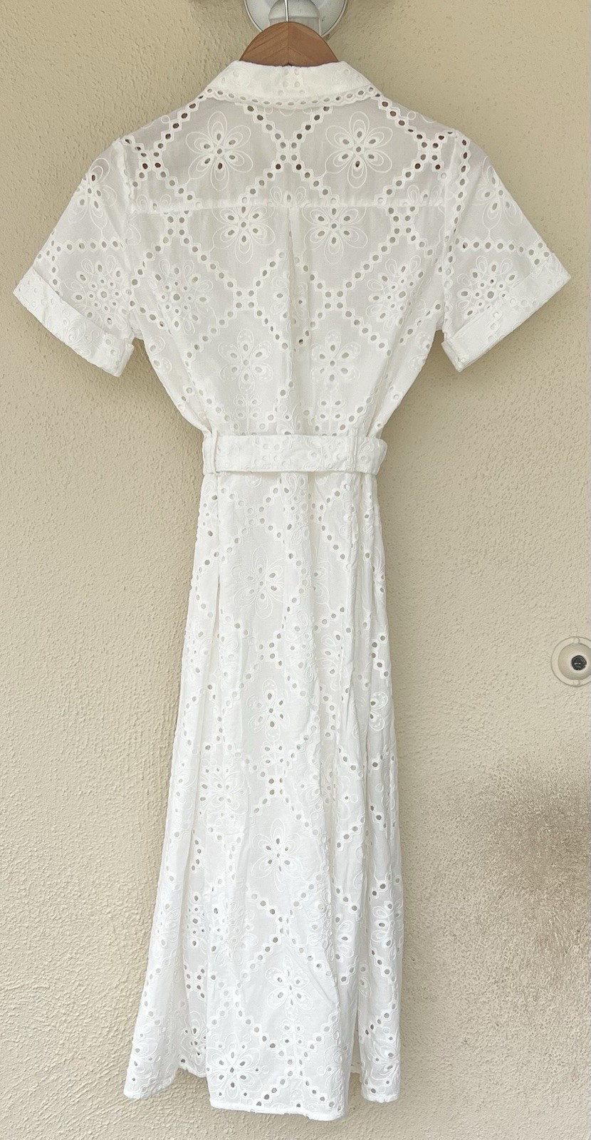 Sezane Adele Short Sleeve Embroidered Midi Dress Eyelet Collar Ecru FR 36 US 4