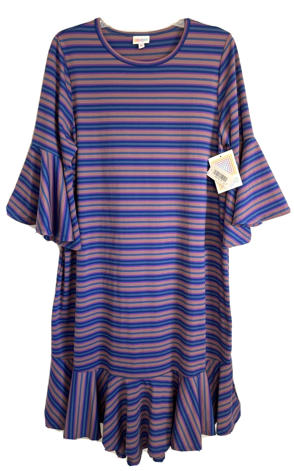 New LuLaRoe Maurine Midi Dress Ruffle XL Multicolor Stripe 3/4 Sleeve Women LL5F