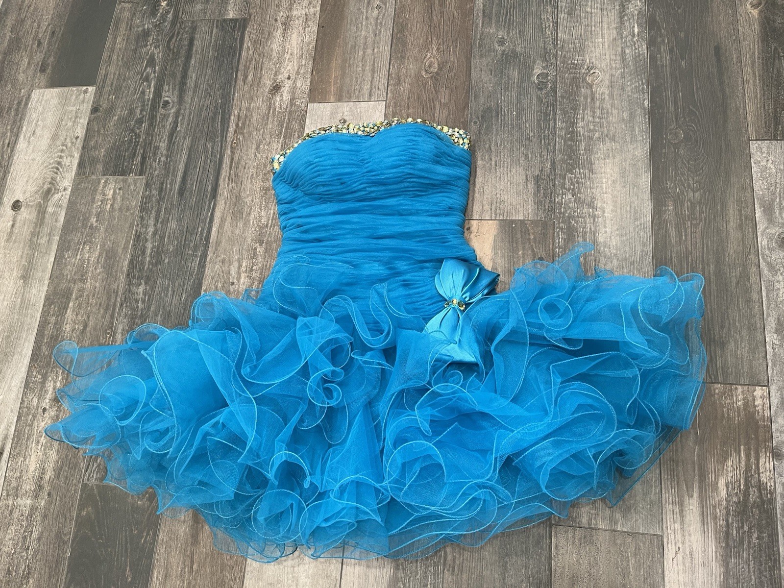 sherri hill 2326 Turquoise size 2 cocktail dress bow Rhinestone Flounce Ruffle