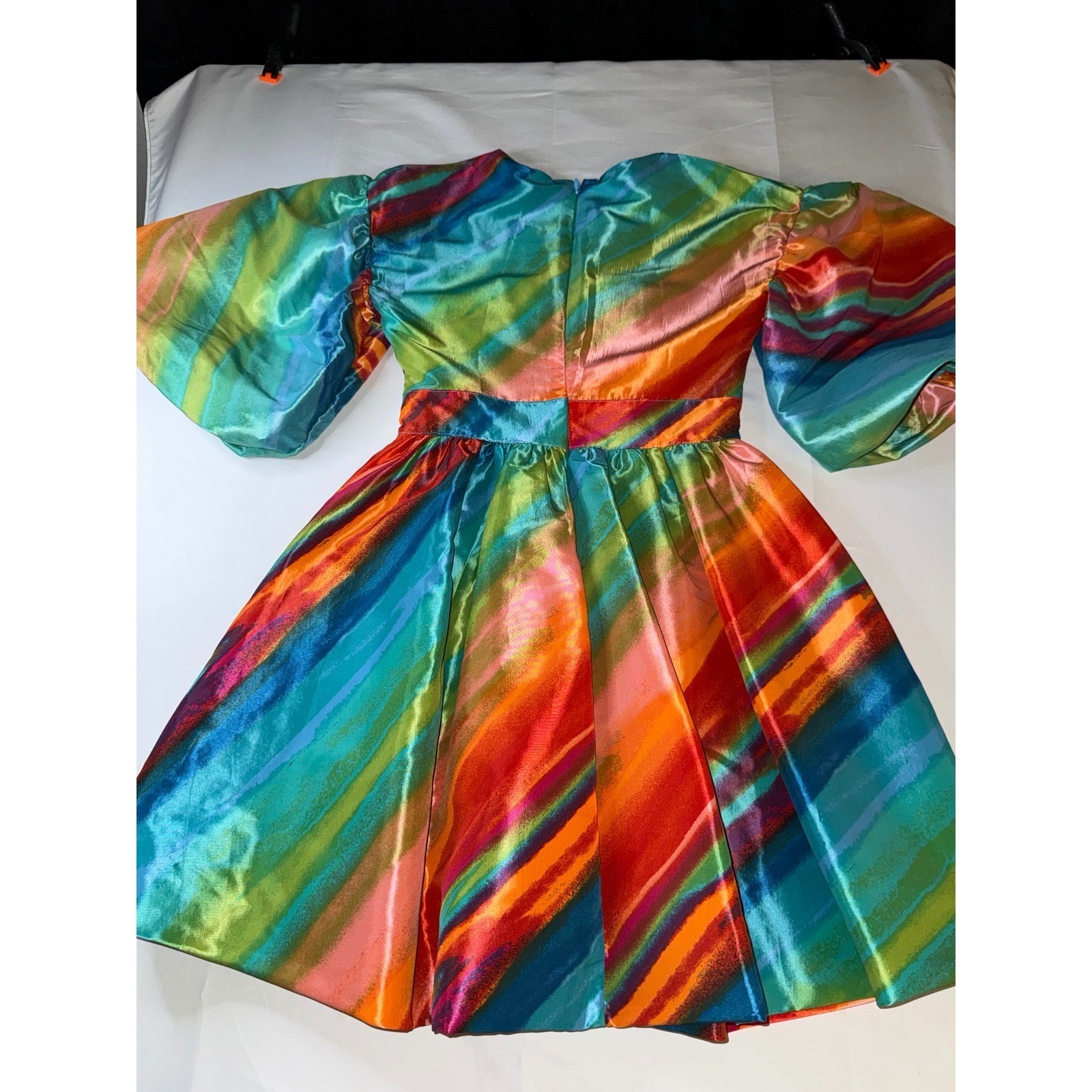New York & Company Rainbow Stripe Puff Sleeve Mini Dress XS Multi Color V-Neck