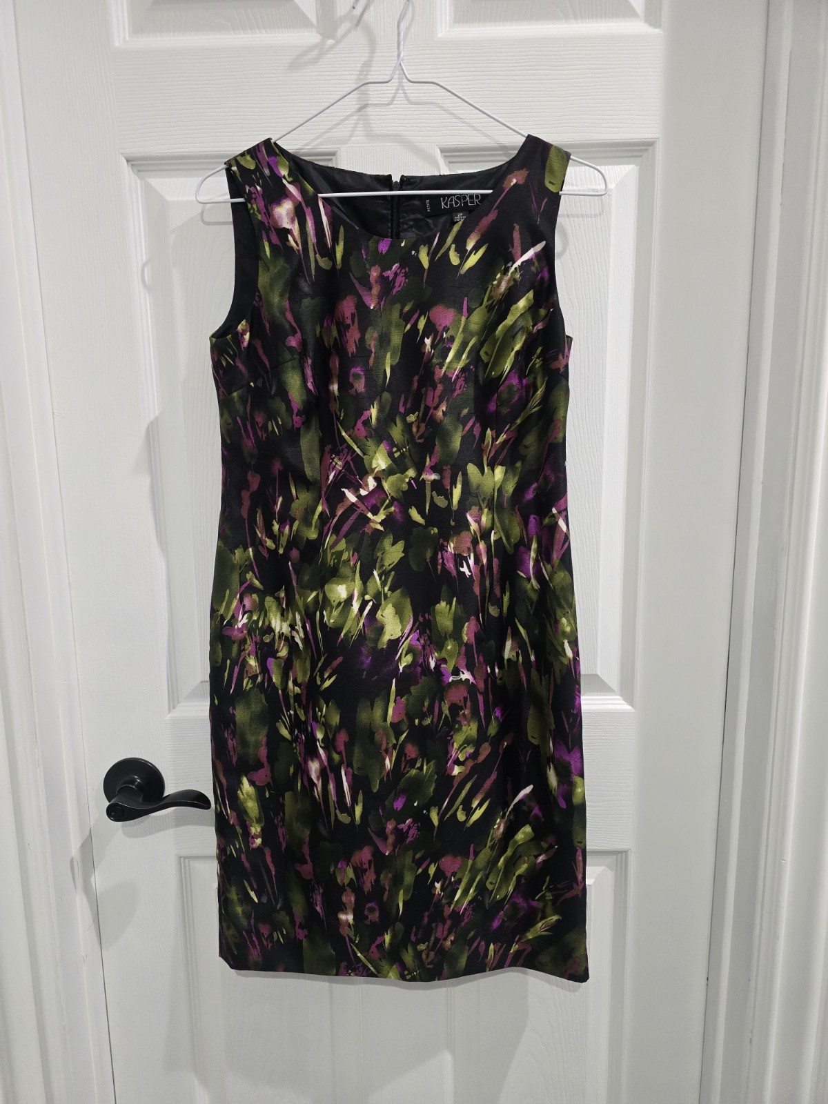 Kasper Womens Beautiful Green Purple & Black Sheath Dress Size 2 Petite EUC