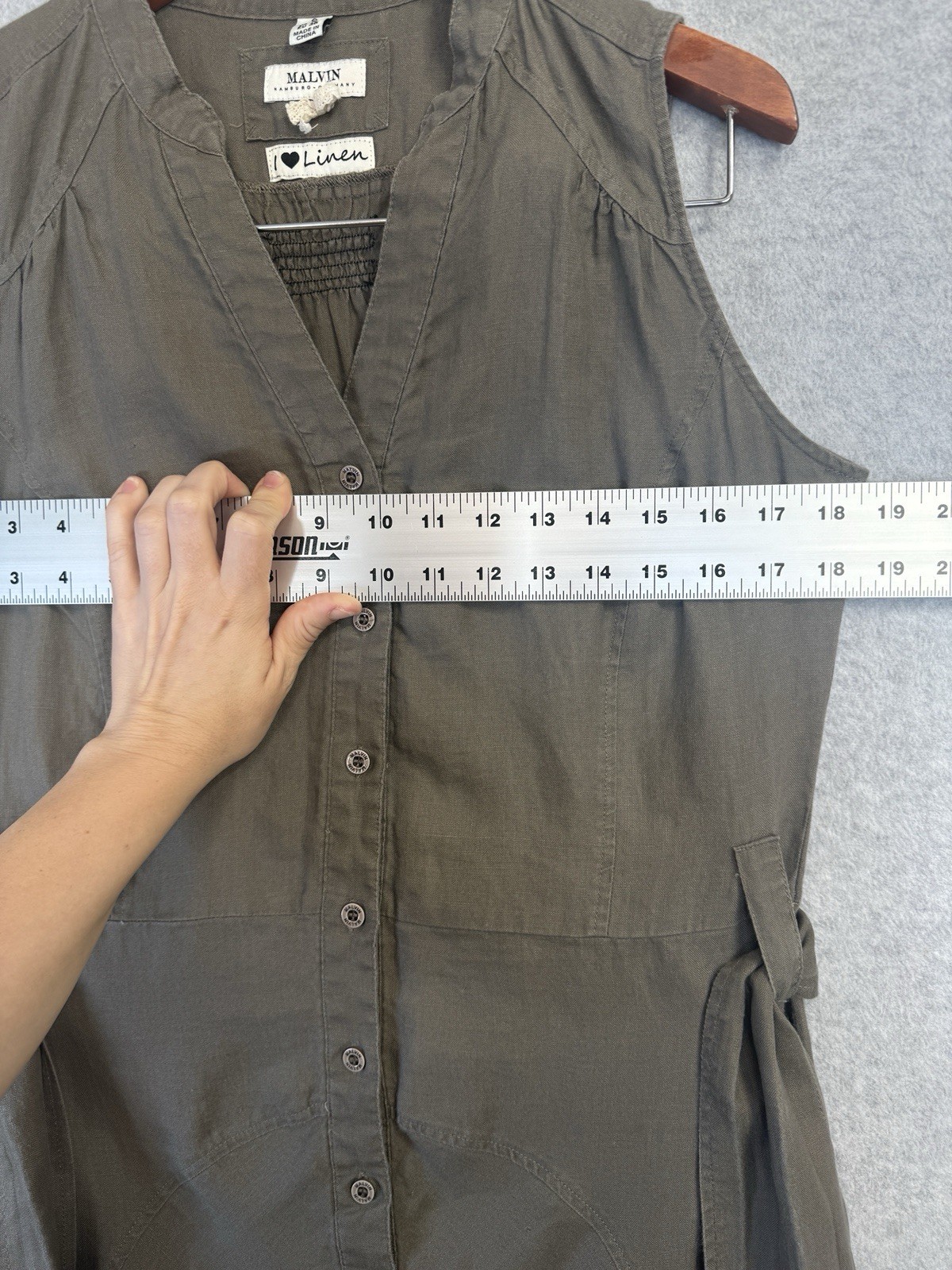 Malvin 100% Linen Sleeveless Button Midi Dress S Gray Belted Fit Flare Casual