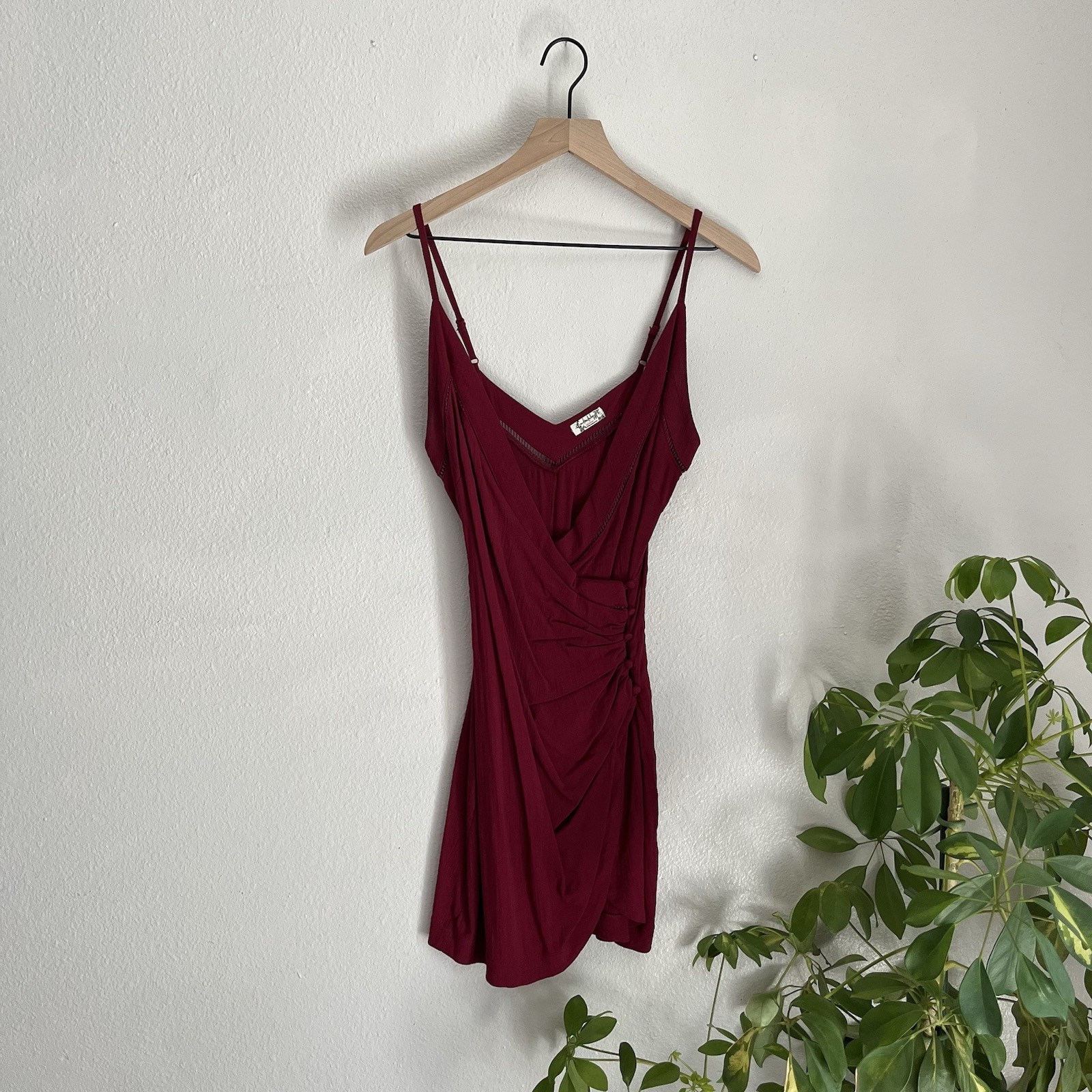 Intimately Free People Burgundy Ruched Stretch V-Neck Slip Mini Dress S