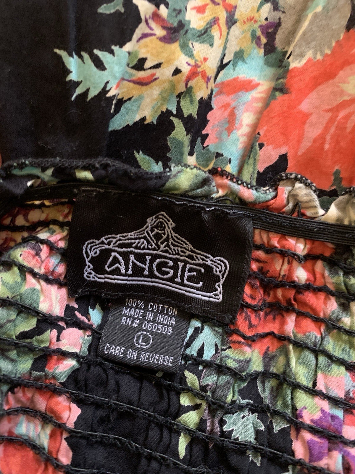 Angie Cotton Black Multi Floral Ruffled Midi Summer Dress L Boho