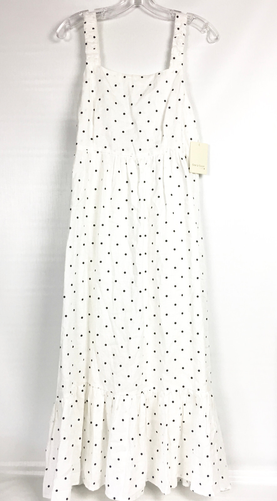 See U Soon Womens Large Linen Dress White Black Polka Dot Tie Back Midi Maxi NEW