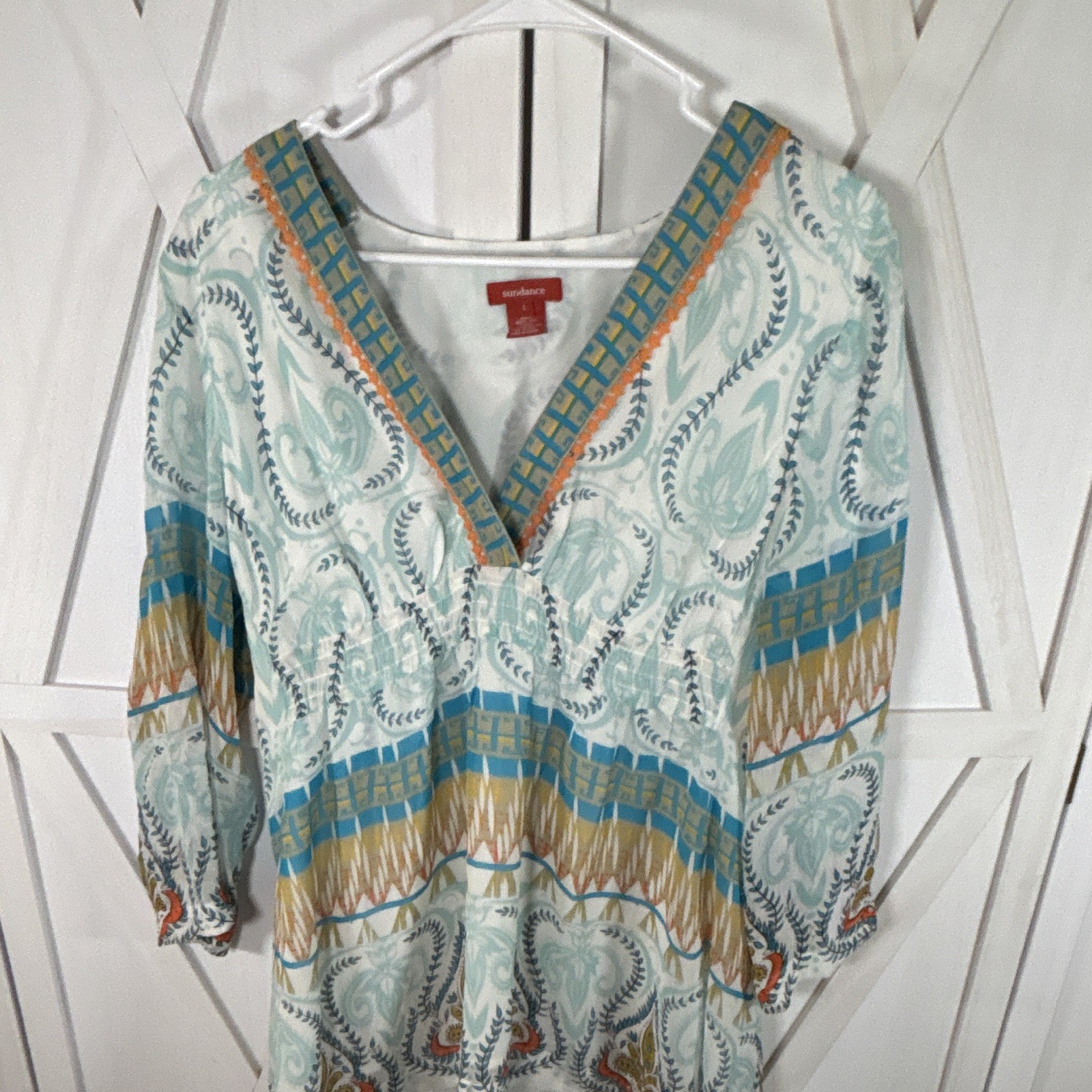 Sundance Blue/White Paisley Silk Chiffon Shift Dress V-Neck 3/4 Sleeve L