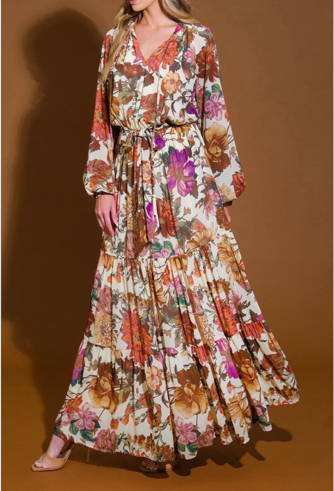 Flying Tomato Flowing Dress Size M Cream Fall Floral Long Sleeve Boho