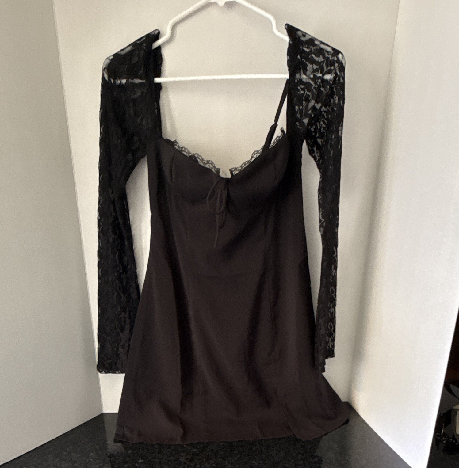 Princess Polly Women’s US 4 Black Lace Long Sleeve Mini Dress Side Slit Straps