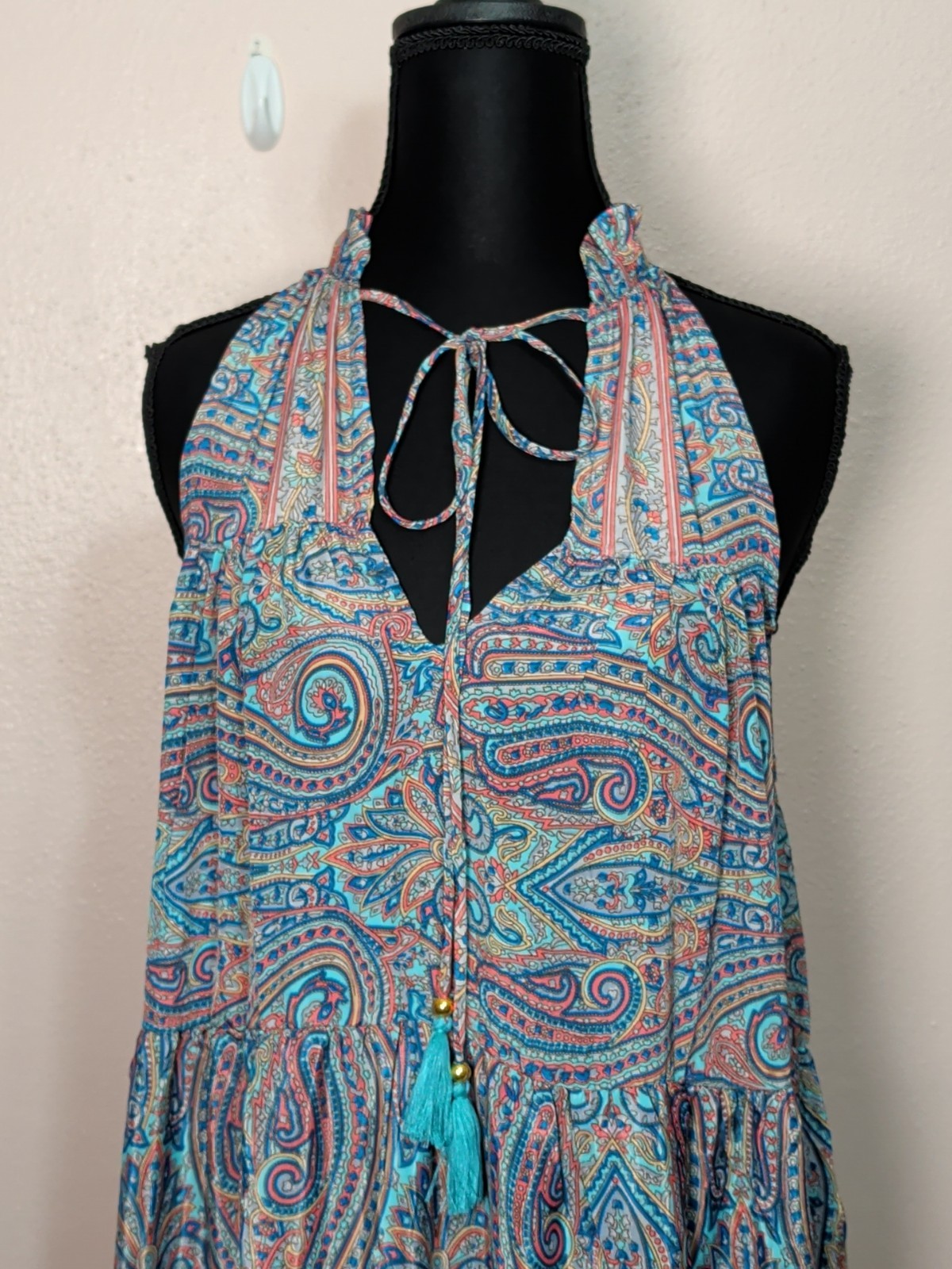 Rhea Women One Size Silk Blend Teal Pink Paisley Maxi Dress Boho Tiered Festival