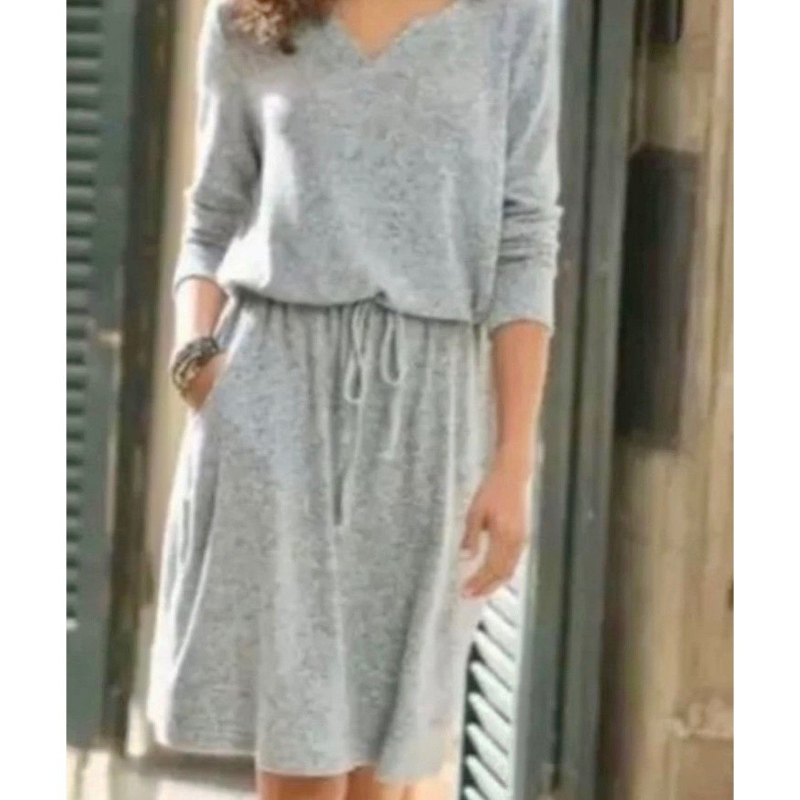 Soft Surroundings Gray Marled Tie Waist Long Sleeve Dress Quiet Luxury Capsule S
