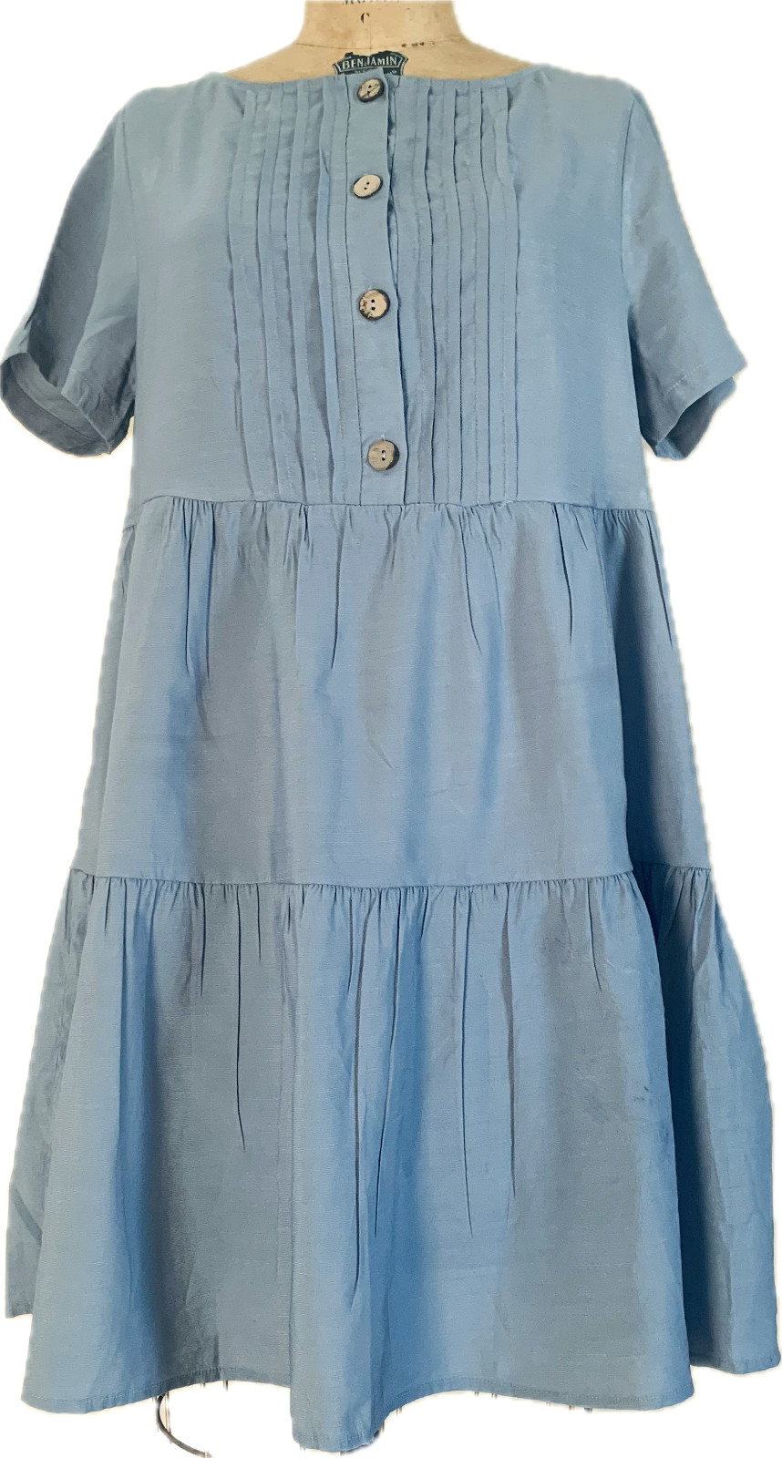 C+D+M Tiered Babydoll Dress L Blue Gray Button Front Midi Cottagecore Soft Boho