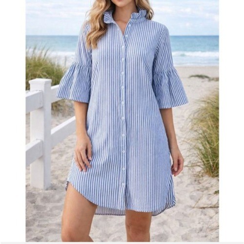 Holly Shea Striped Blue White Button Up Dress Xs