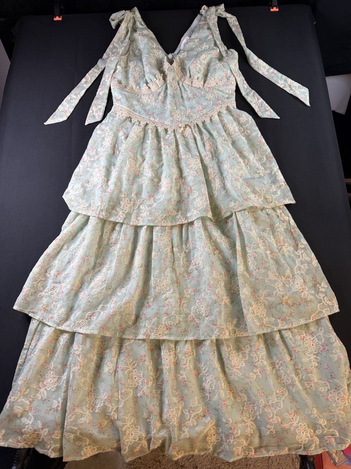 Just Me Mint Green Floral Lace Tiered Midi Dress Size Small Romantic Cottagecore