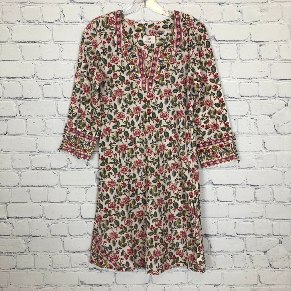 Anokhi Ivory Floral Block Print Kaftan Tunic Dress Size S Cotton