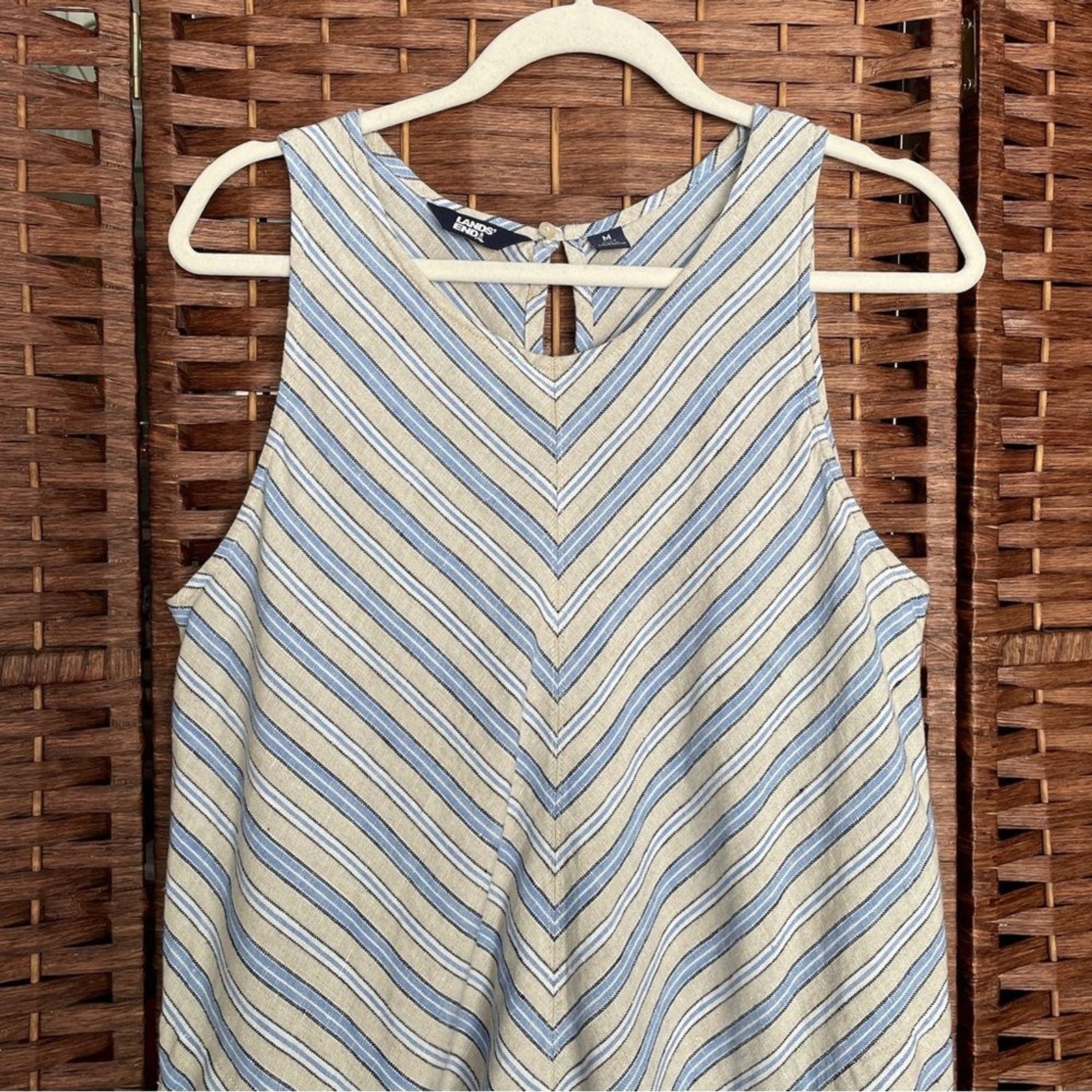 Lands’ End Sleeveless Striped Midi Dress 100% Linen Nautical Sailor Cruise, M.