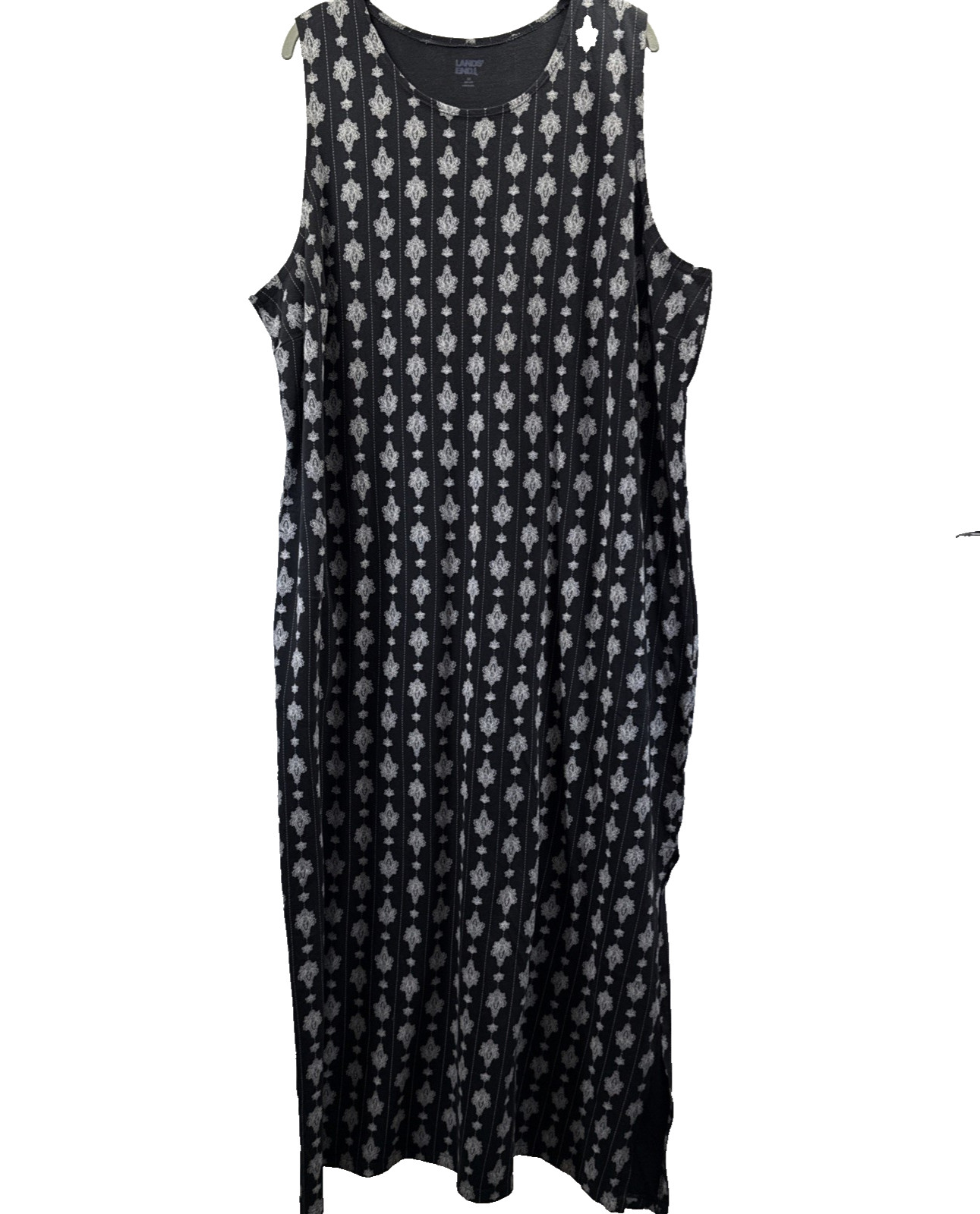 Lands End Women’s Maxi Dress 2X Black White Pockets Vertical Slimming Pullover