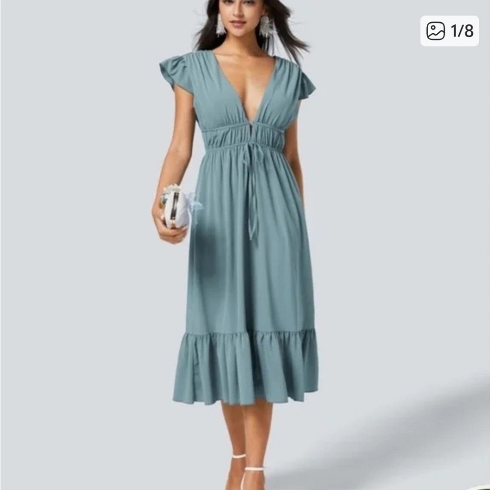 Halara V Neck Butterfly Sleeve Backless Pocket Ruffle Hem Midi Dress, XL, NWT