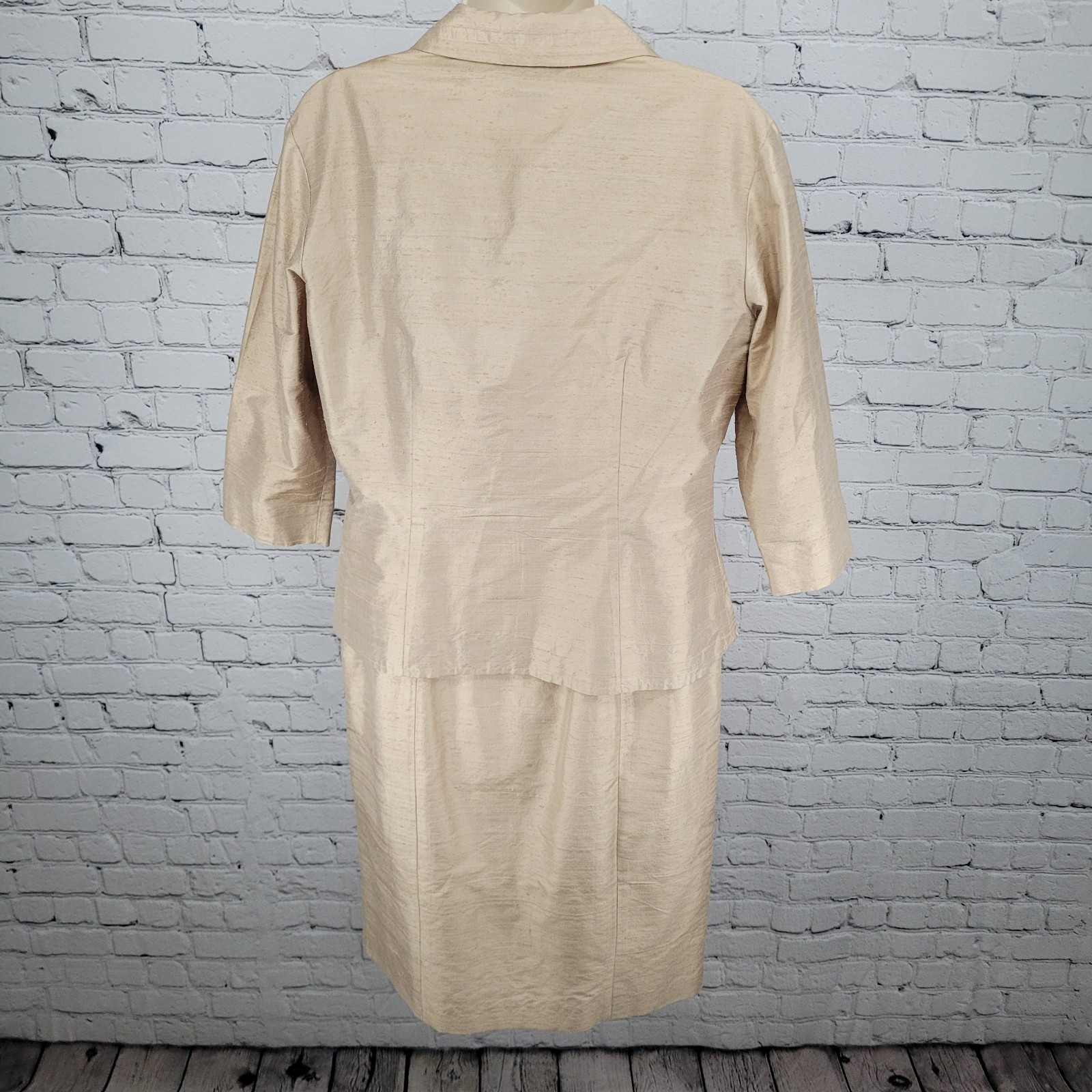 Finity Gold Beige 100% Silk Shirt Jacket & Dress Matching 2 Piece Set Size 8