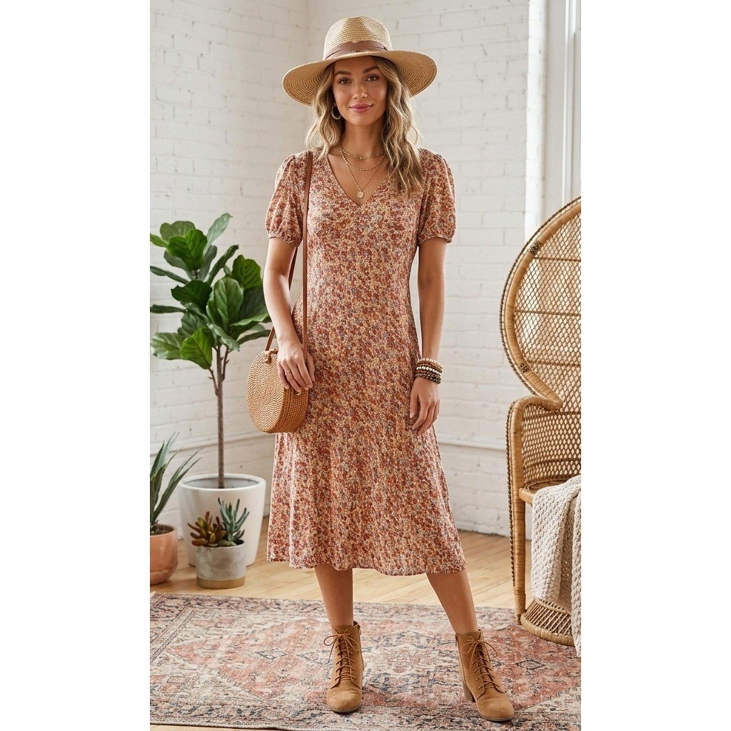 Rails Shelley Dress Womens XL Multi Wildflower Floral V-Neck Short Sleeve Midi