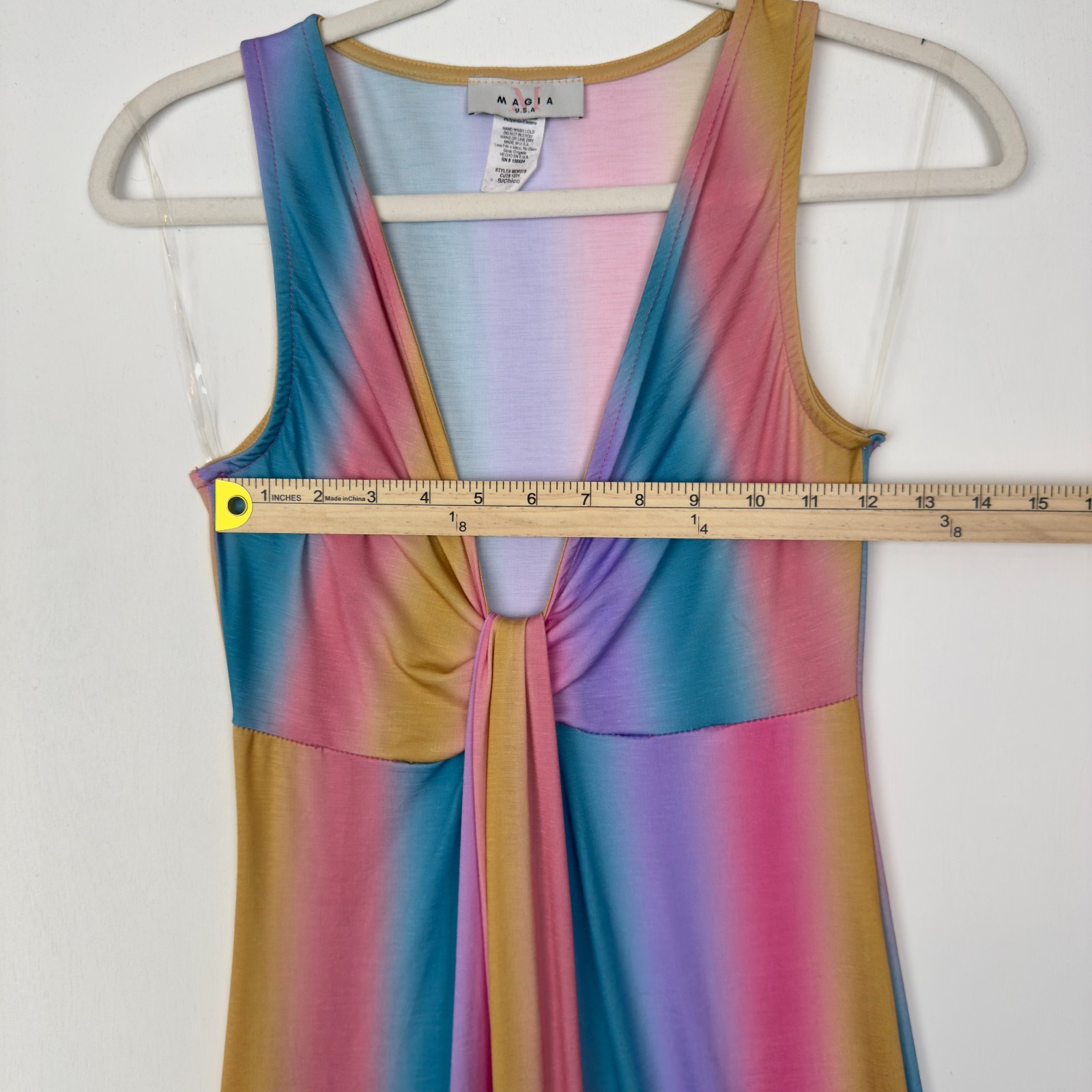 Maia Rainbow Ombre Maxi Dress S Sleeveless Deep V-Neck USA Made Polyester Blend