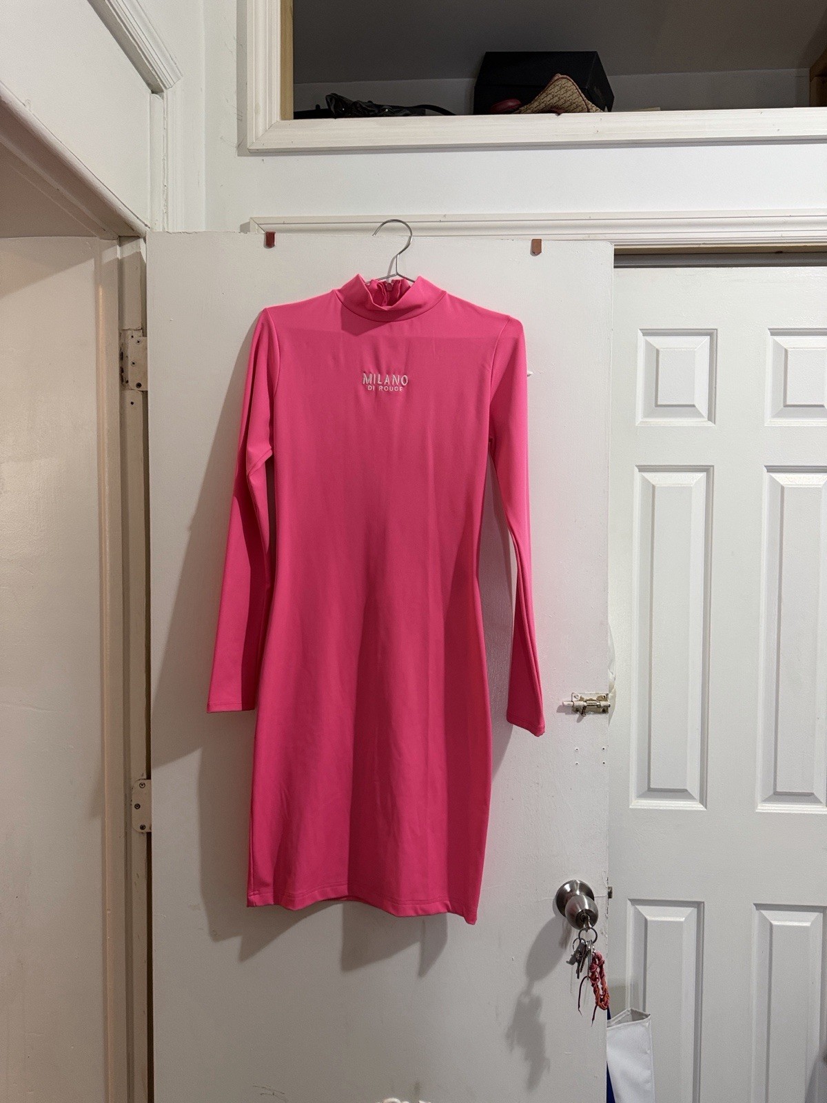 Milano Di Rouge Pink Sheath Dress Mock Neck Logo Accents Long Sleeve