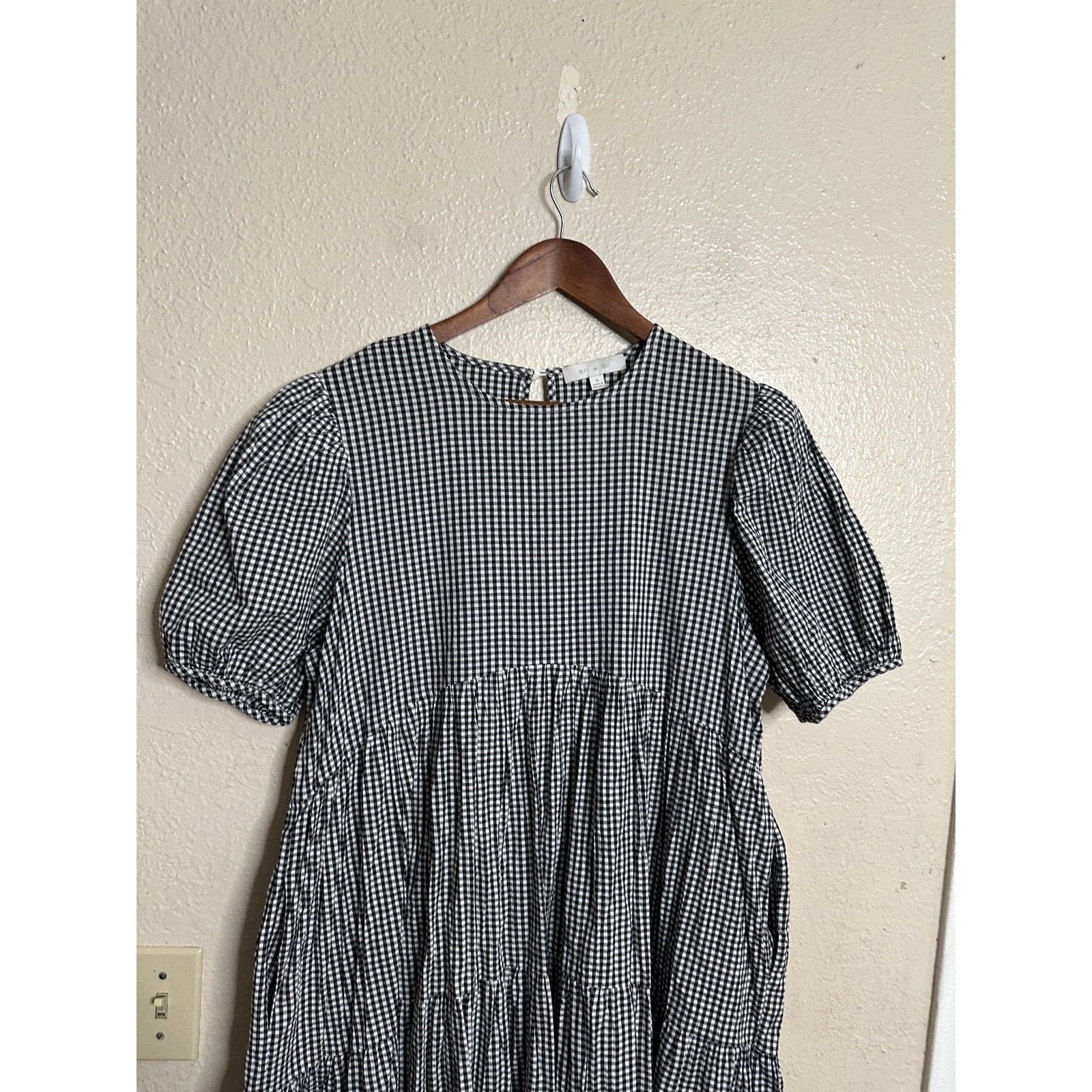 Eri + Ali Evaline Maxi Dress size S Black White Gingham Tiered Puff Sleeve
