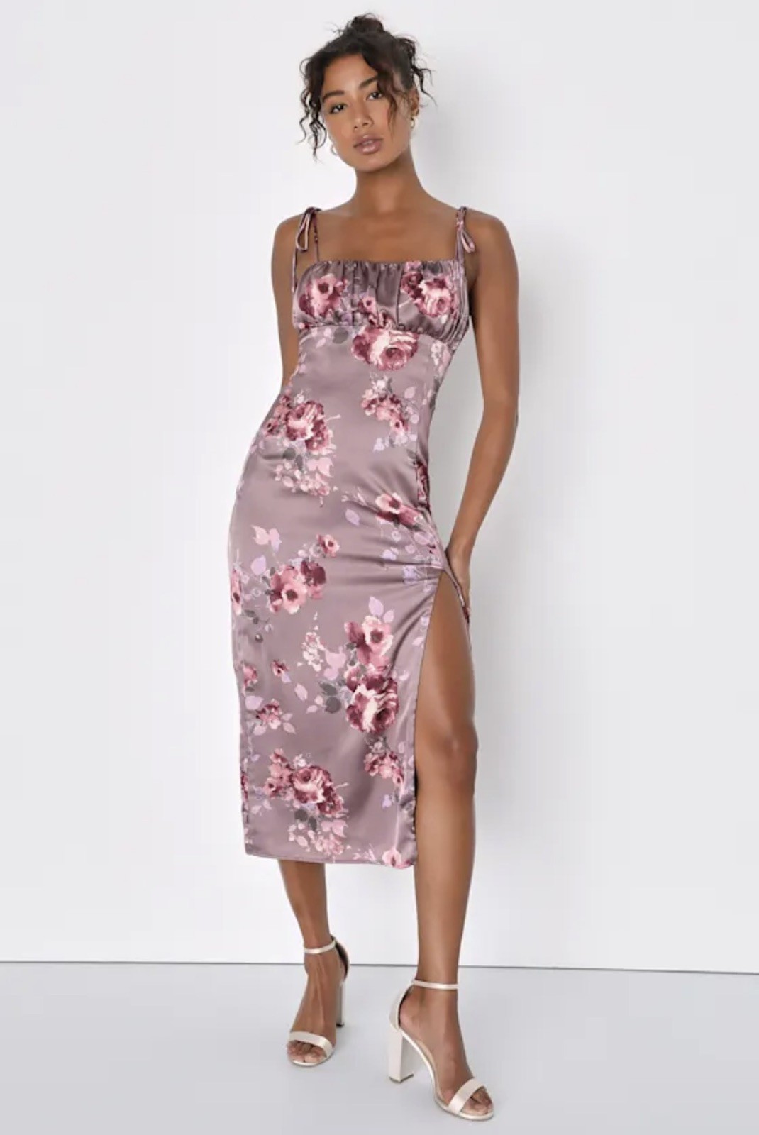 Lulus Mauve Pink Floral Satin Midi Dress – Size L – A+ Condition – Sexy Summer