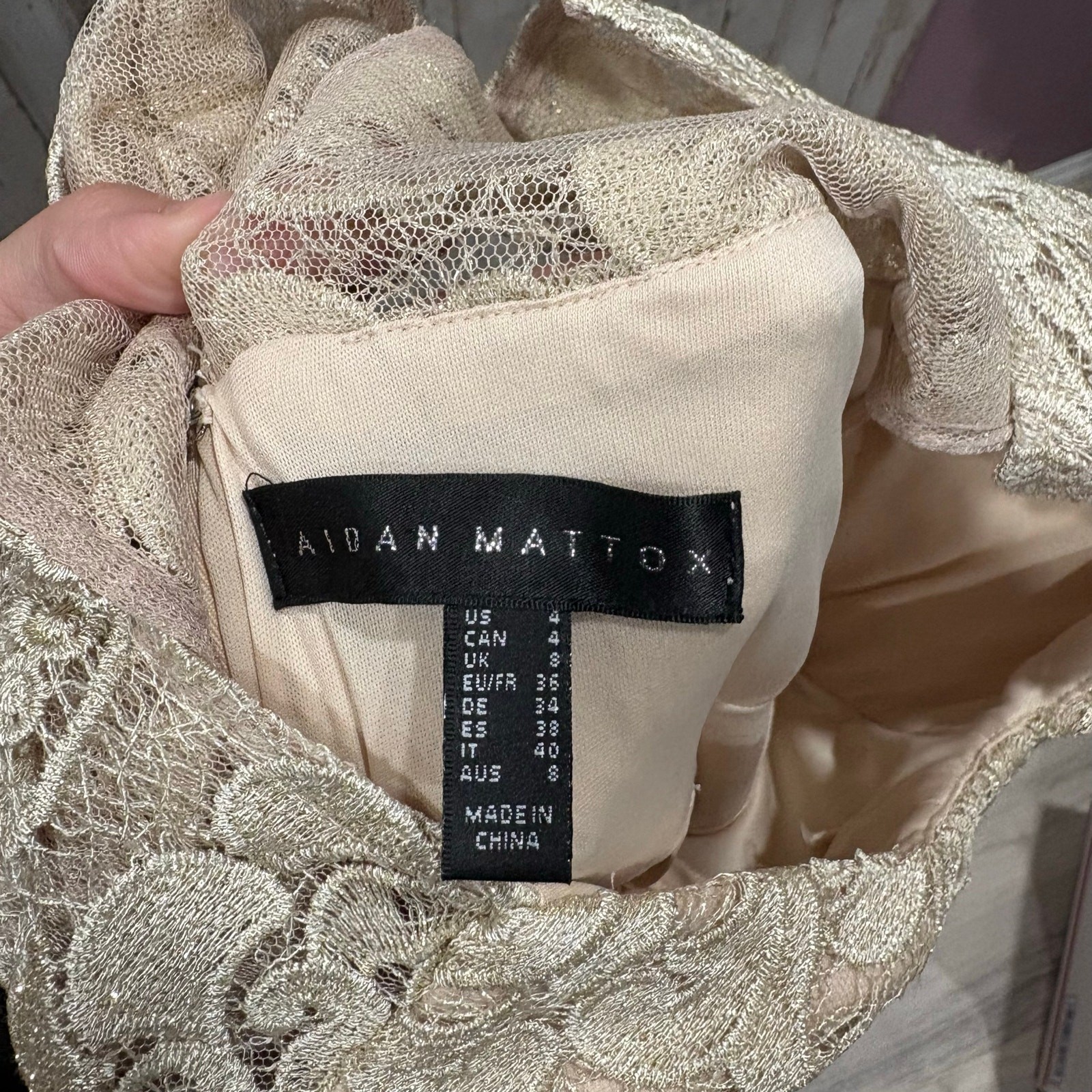 Aidan Mattox Champagne V Neck Lace Mid Slit Dress Maxi Formal Wedding Guest 4