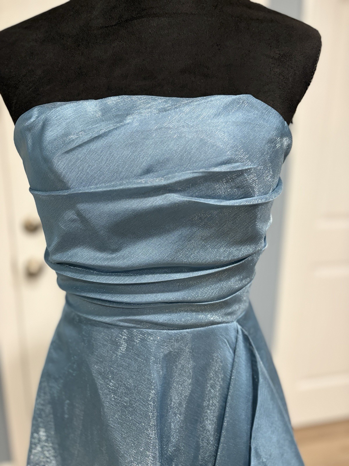 Donna Karan Strapless Pleated A-Line Gown NWT Size 4 Blue Metallic Split