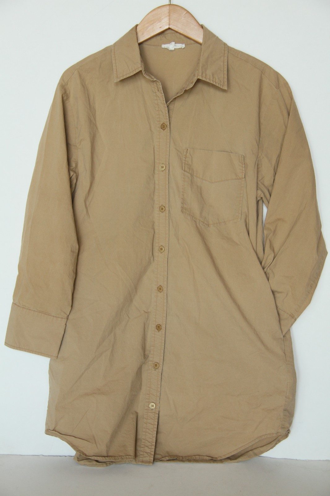 Mimosa M Beige Brown Oversized Button Up Shirt Dress Pockets 100% Cotton EUC!