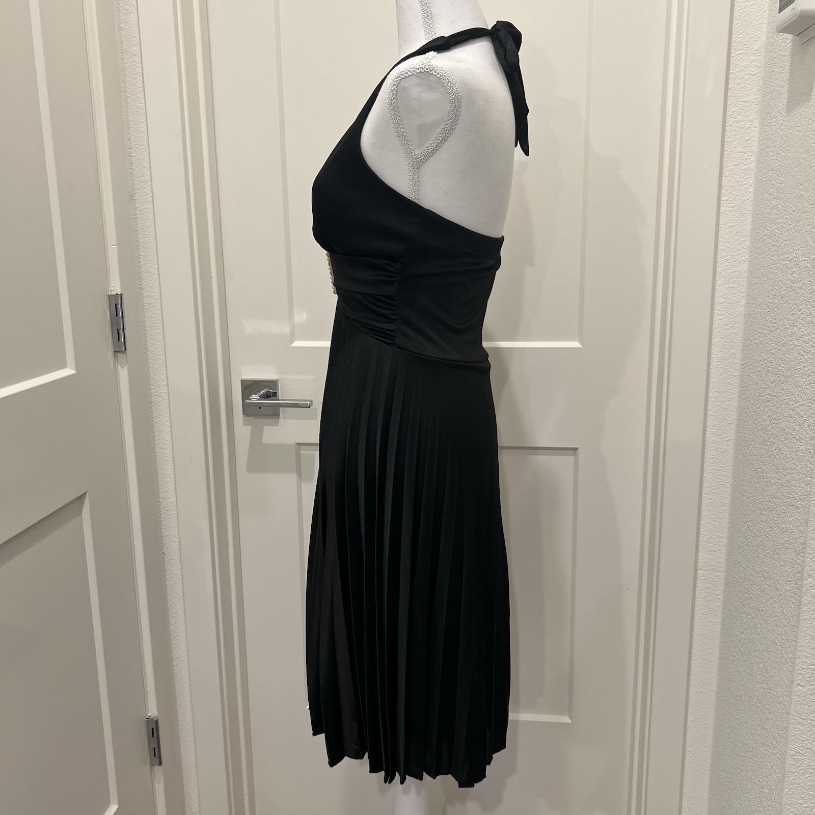 Speechless Y2K Black Satin Pleated Halter Dress Crystal Buckle Size S