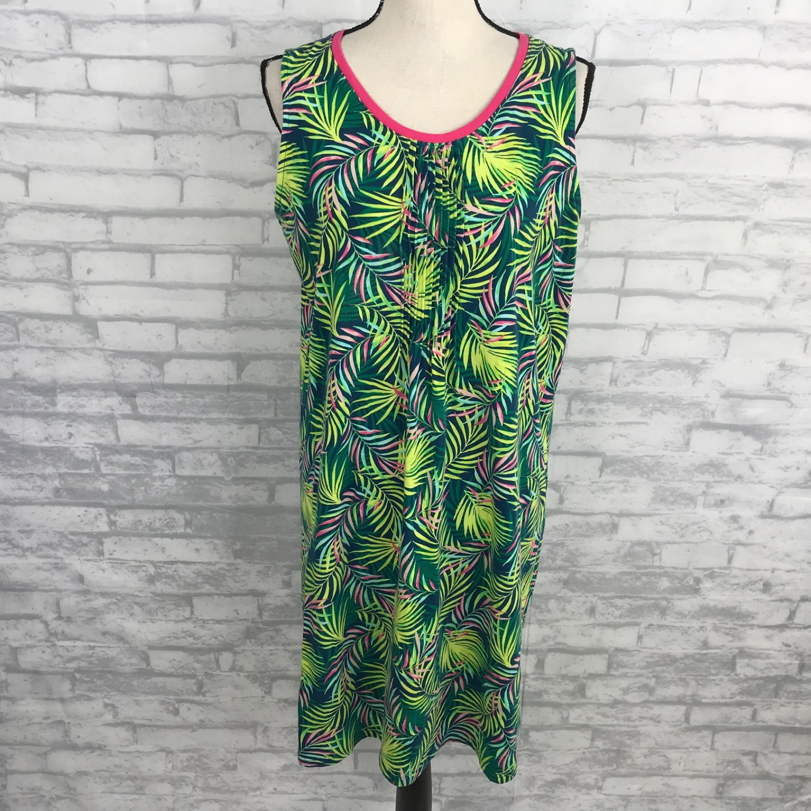 LANDS END Tropical Shift Tank Dress Size M Knit Sleeveless Pleated Colorful