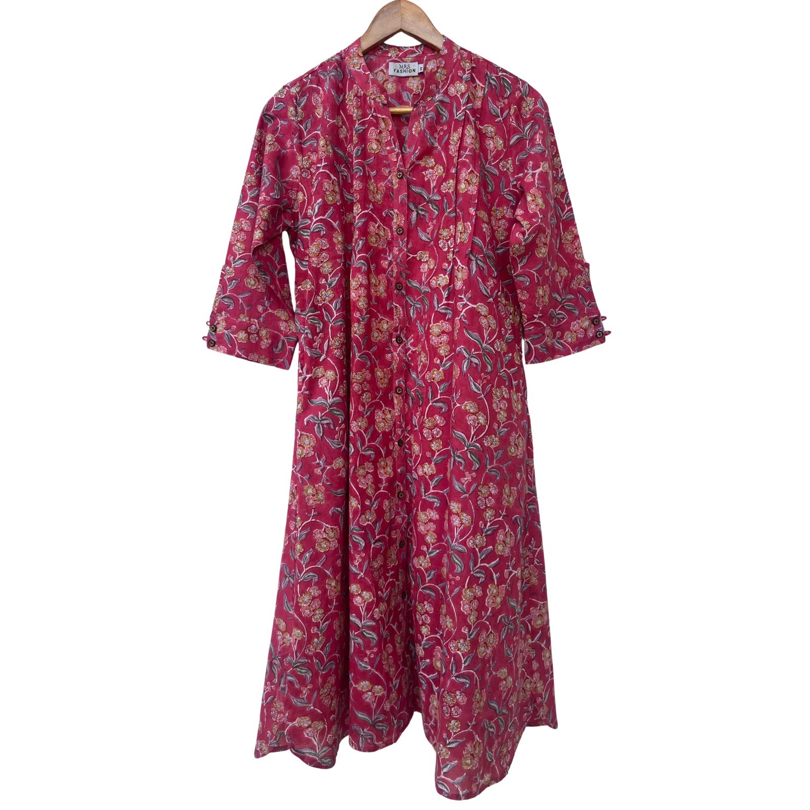 Women’s Hand Block Print Cotton Kurti Raspberry Floral 3/4 Sleeve Back Tie Dress