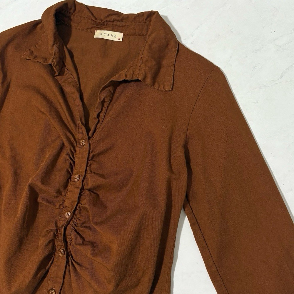 Stark X Size Medium Brown Ruched Button Up Long Sleeve Mini Dress Neutral Preppy