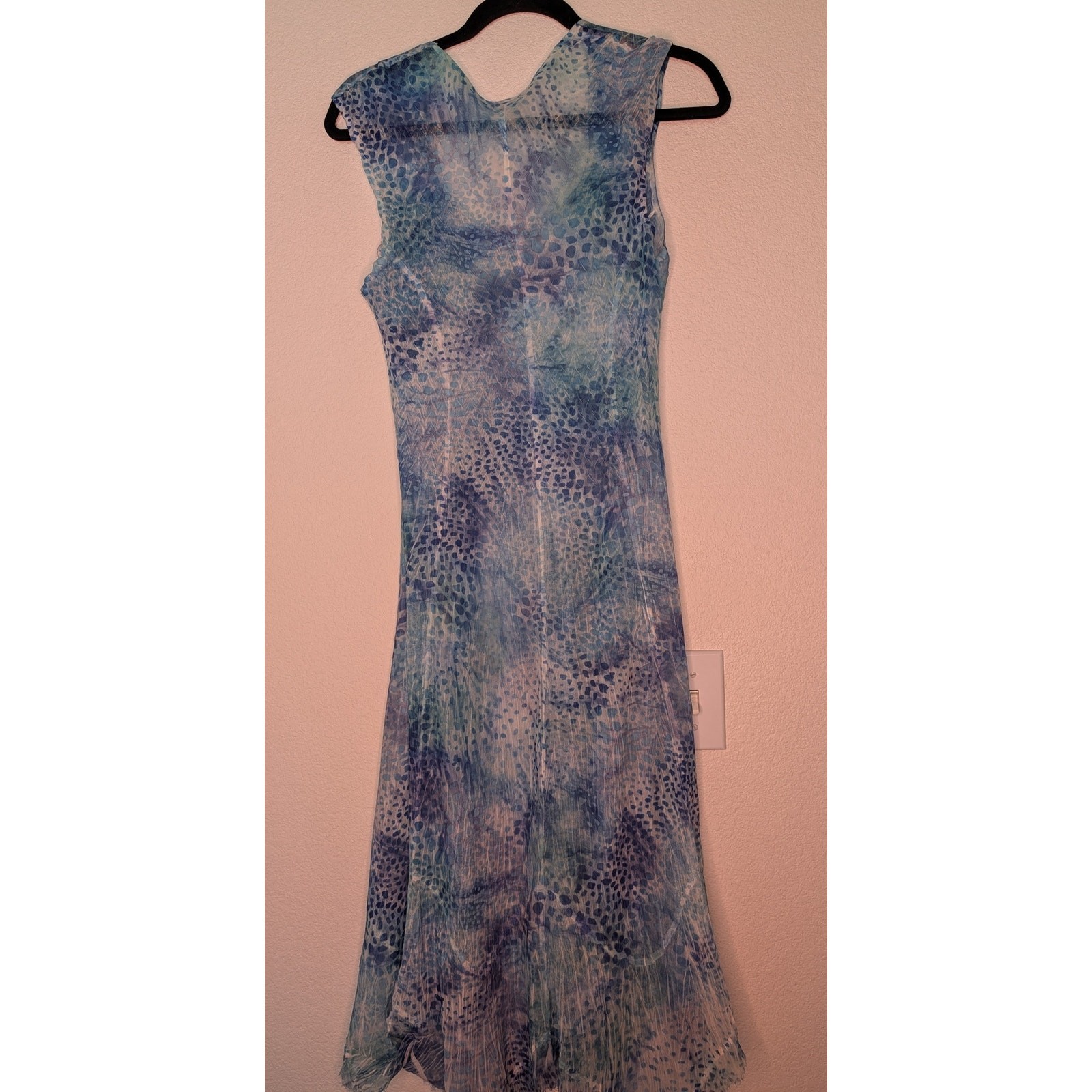 Komarov Blue Crinkle Chiffon Midi Dress Abstract M Travel Wrinkle Resistant Chic