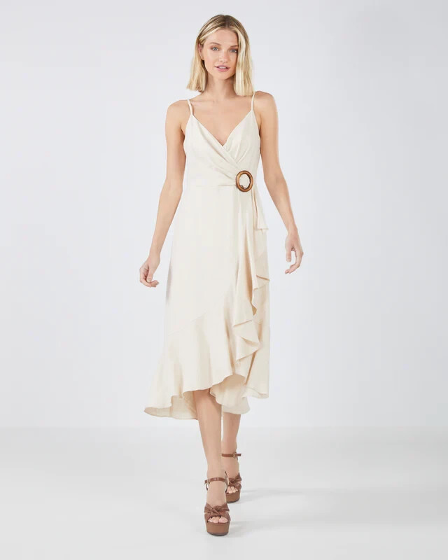 BCBGMAXAZRIA LINEN BLEND “DORIS” RUFFLED MIDI DRESS IN COROZO SIZE 10-$268