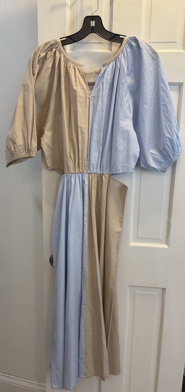Mudpie Spring/Summer Dress Tan. Light Blue Elastic Waist Puff Sleeves size M