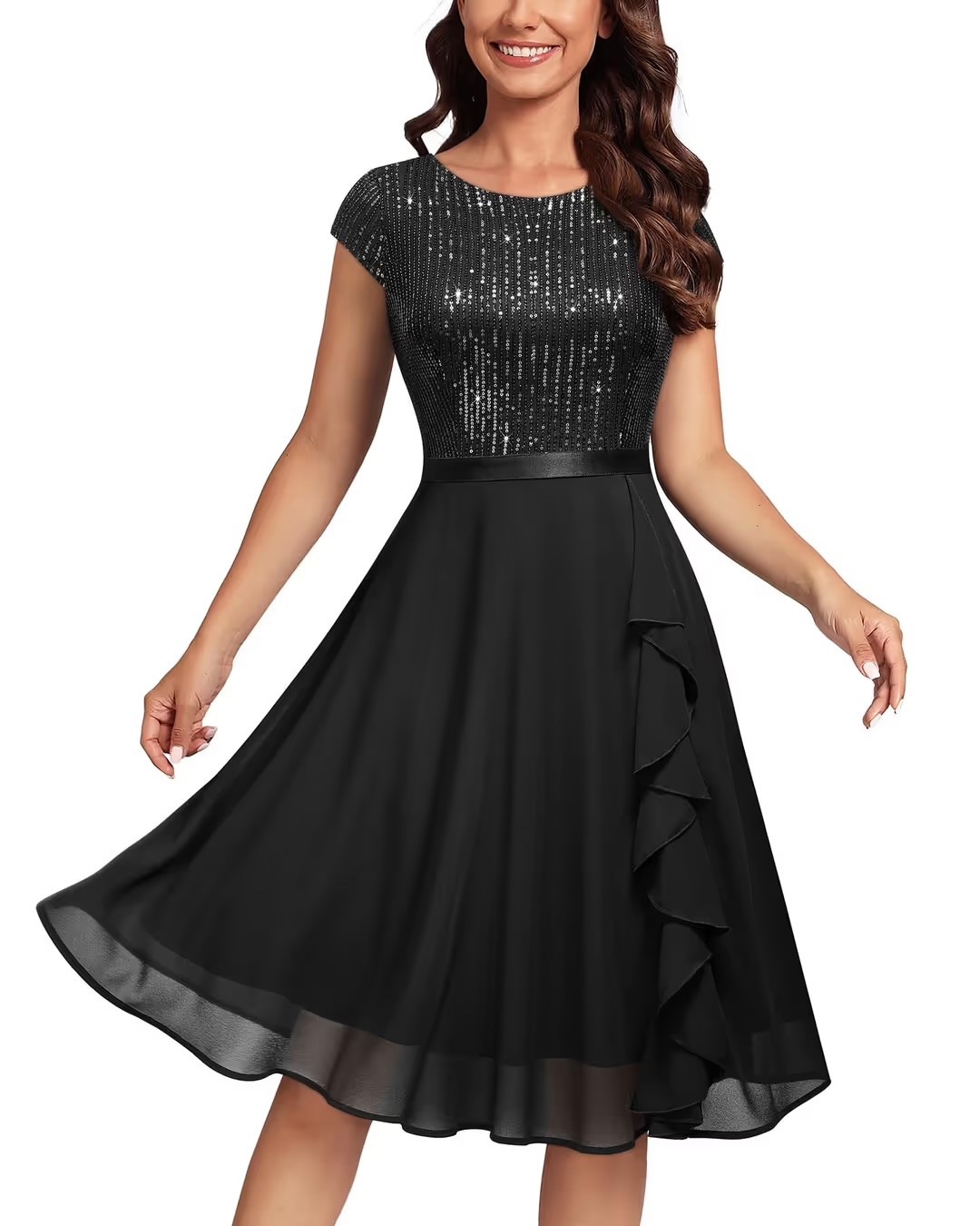MISS MAY Women’s Glitter Sequin Ruffle Swing Dress – Black Small