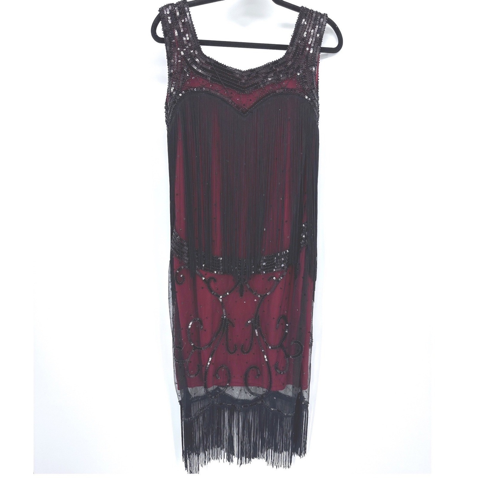 Flapper Sequin Great Gatsby 1920’s Style Fringe Dress Large Red Black Sequin
