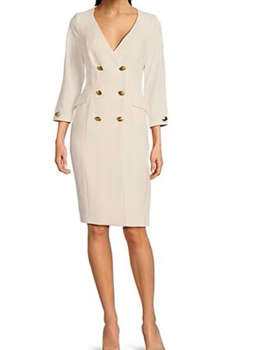 NEW Womens Sz 10 Donna Karan Ny 3/4 Sleeve Double Breastd Midi Blaze Cream $189