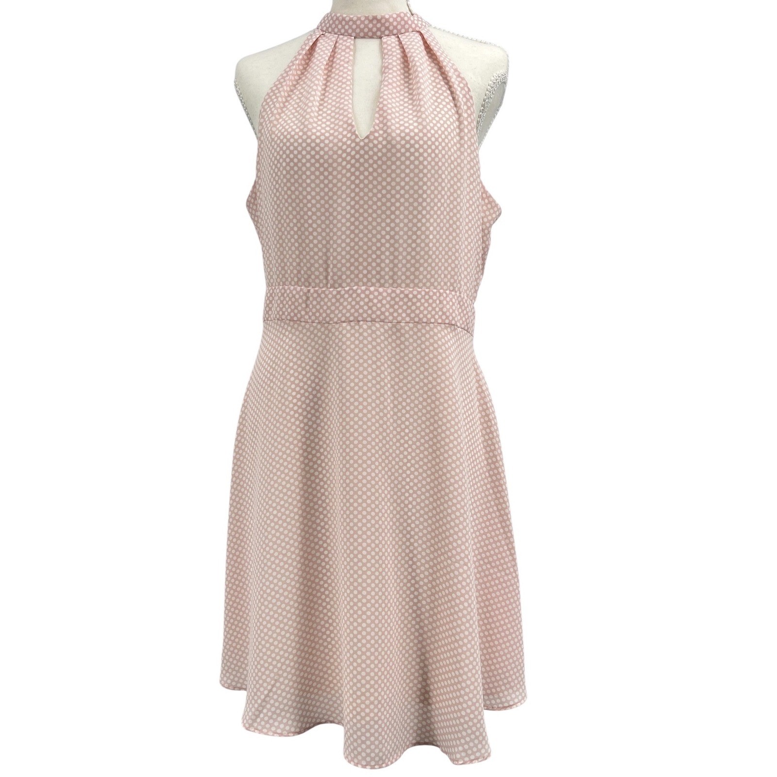 Express Halter Dress Blush Polka Dot Keyhole Chiffon Retro Party Wedding Guest