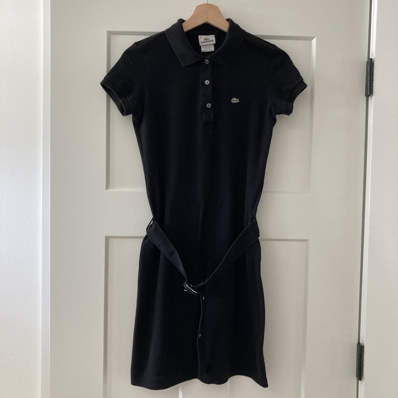 Lacoste Belted Polo Dress Women’s 38 Small Black Piqué Cotton Sporty Preppy