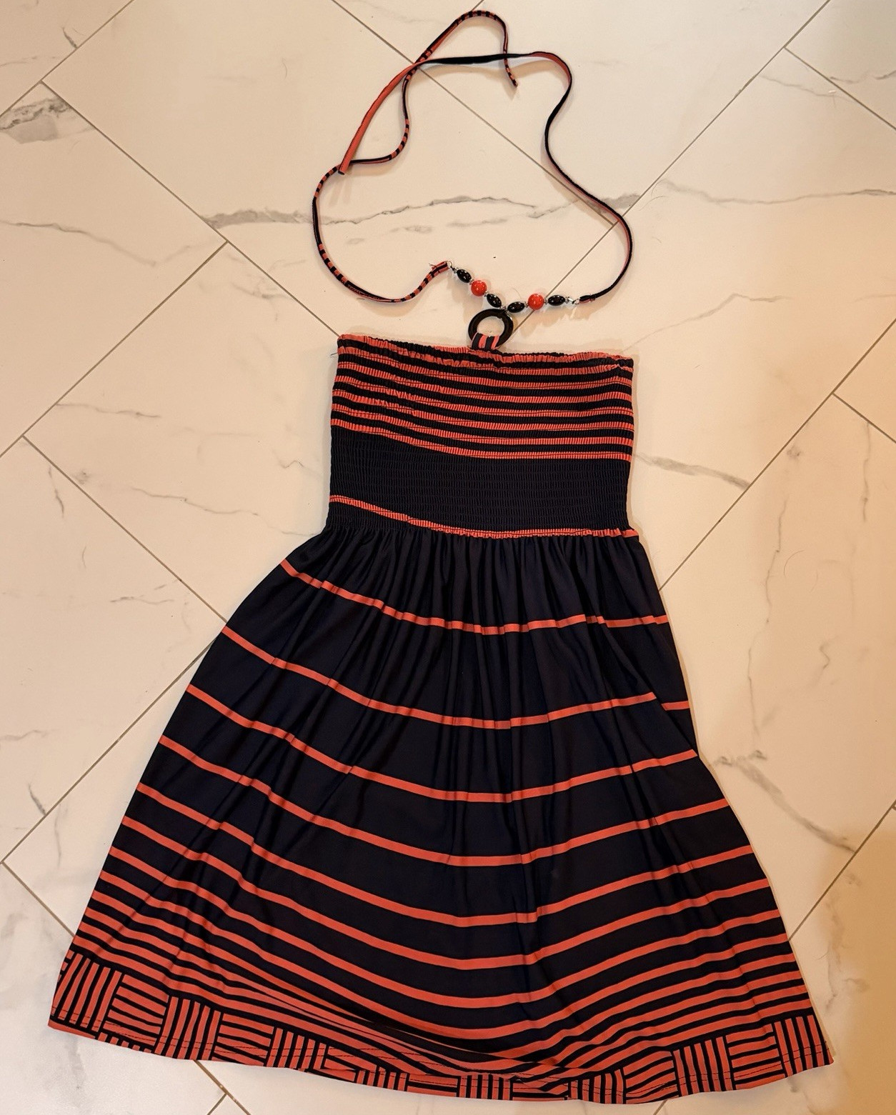 Magic Womens Vintage Style Halter Neck Tube Dress L Navy Coral Strip
