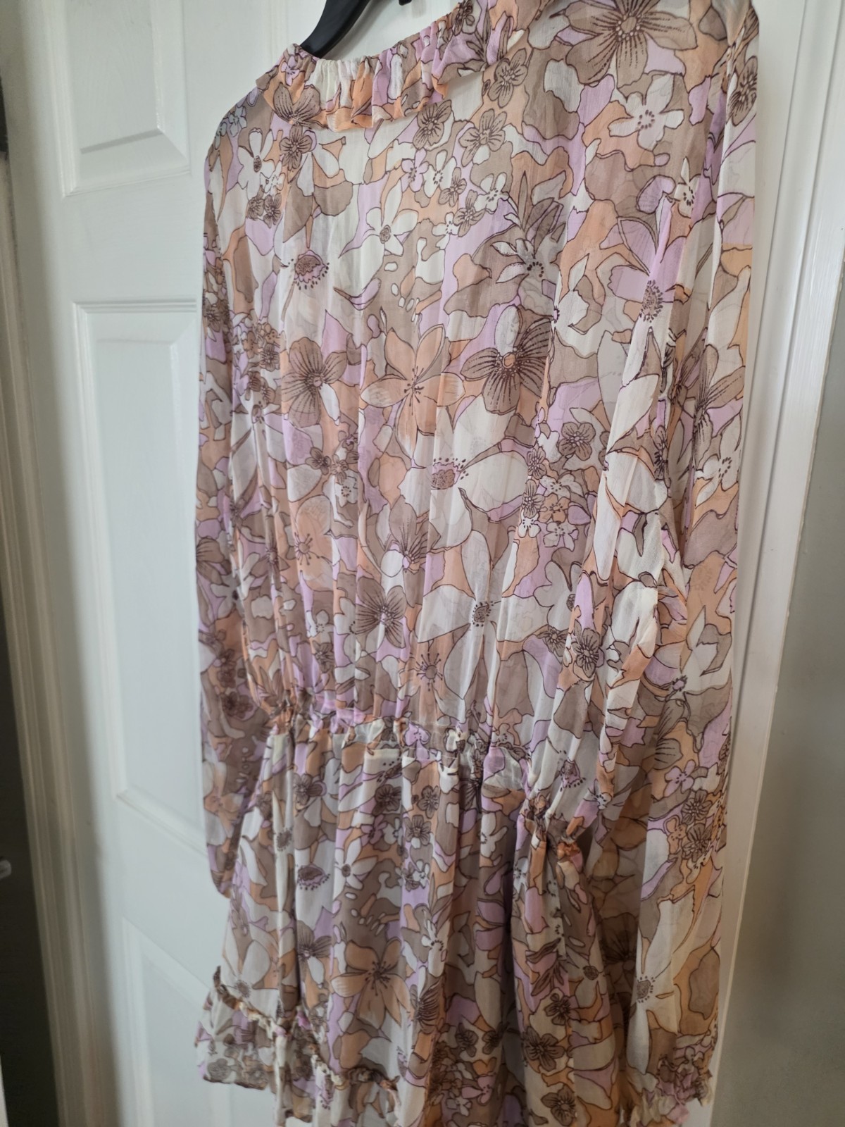 For Love & Lemons Pink Neutral Floral Sheer Mini Drawstring Waist Dress Large