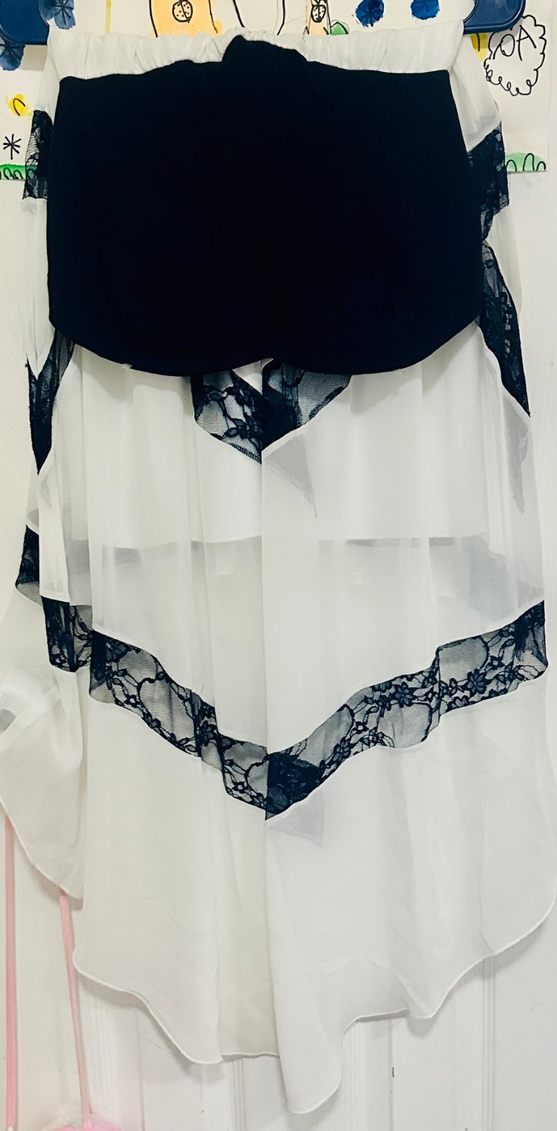 Beautiful Navy blue and white strapless dress. short front long back